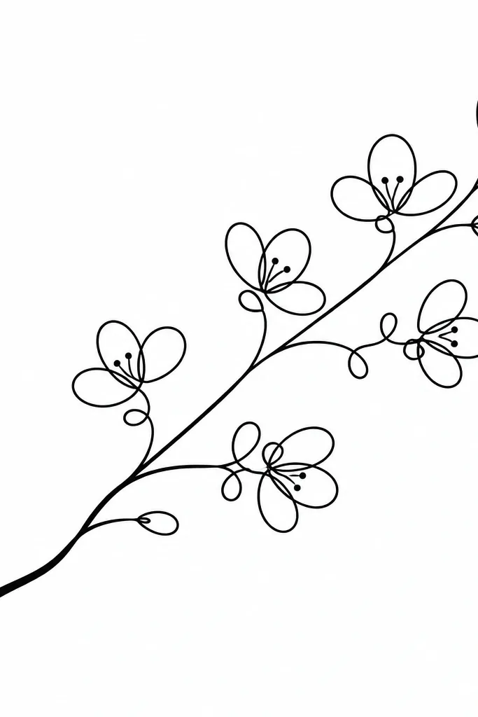 A single-line style drawing shows a branch made from one continuous loop line. Blossoms appear as small teardrop loops attached to the line, with stamens as tiny dots. The background is blank, and the line weight is consistent with slight thickening at the base.