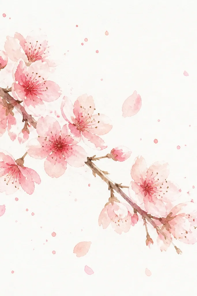 A watercolor branch is painted in pale brown with small pink blossoms. Around the branch, there are gentle splatters and tiny teardrop-like droplets that look like petals floating down. Some blossoms are more saturated at the center, and a few stamens are dotted darkly.