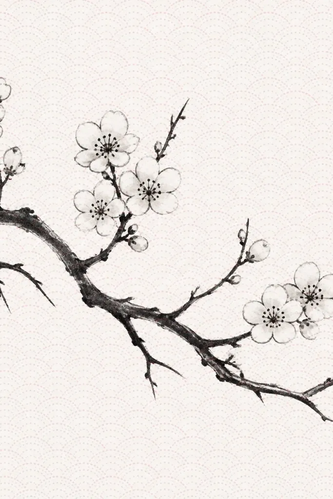 A branch is drawn in black ink with a few blossom clusters. The background has a subtle repeating pattern like small dots or tiny curved lines in light pink and gray. Blossoms are simple teardrops with minimal shading, and the centers have tiny dark dots. The pattern stays very light so the branch remains the focus.
