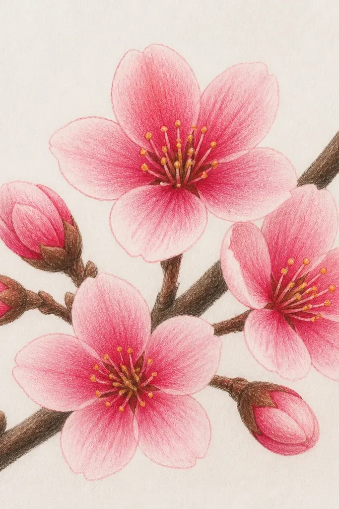 A colored pencil drawing shows a branch in brown pencil with blossoms filled using three layers. The petals show a clear gradient: light blush on the outer edge, mid pink in the middle, and deep rose in the center. Petal edges are crisp, and stamens are tiny yellow dots.