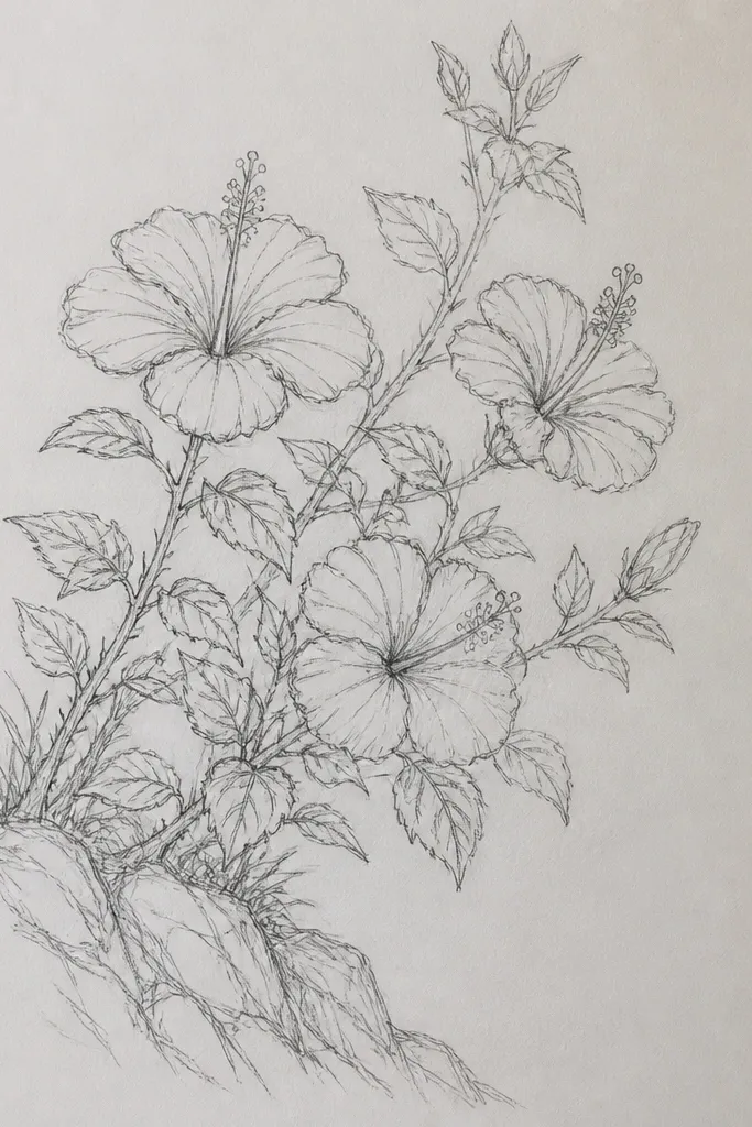 A 9x12 page with a hibiscus bush climbing diagonally from bottom-left to top-right. Three large hibiscus face forward in the lower corner, two are angled to the right mid-page, and tiny buds sit near the top edge. Leaves overlap like fans, and a light pencil outline shows a rock ledge at the bottom.