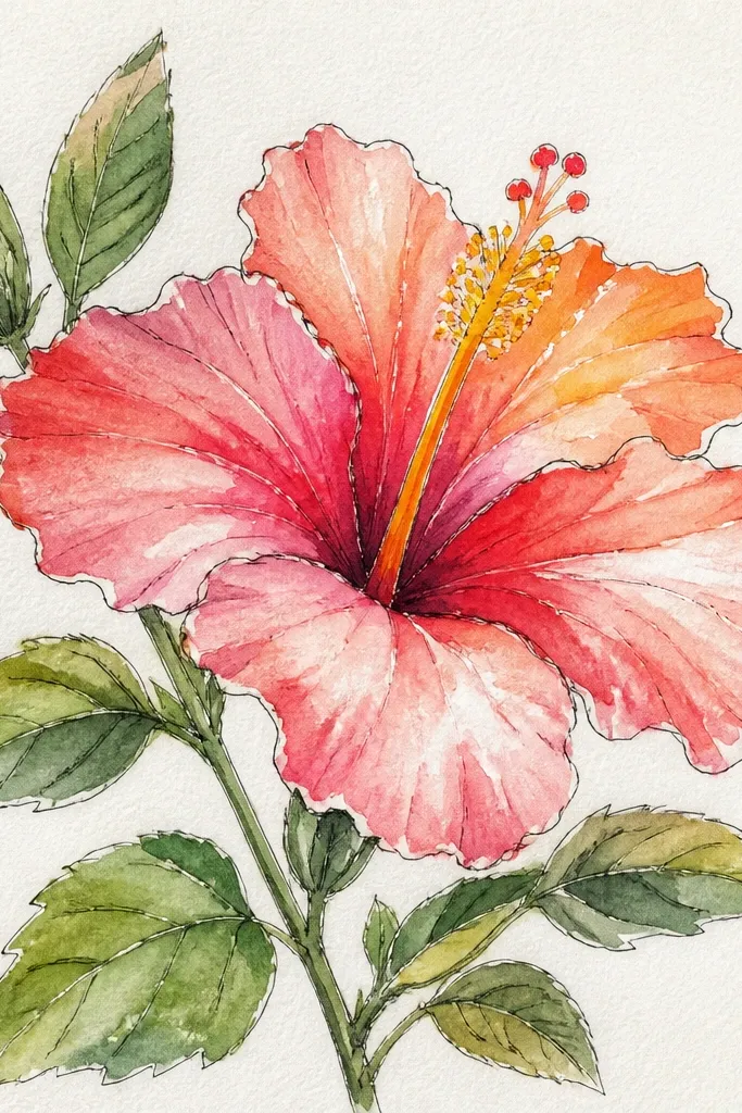 A rectangular drawing where a hibiscus bush frames a narrow garden path. Two large hibiscus sit on the left and right edges, with smaller flowers tucked between. The background shows a simple path shape made of pale green and gray strokes, and leaves form an arch around the top middle.