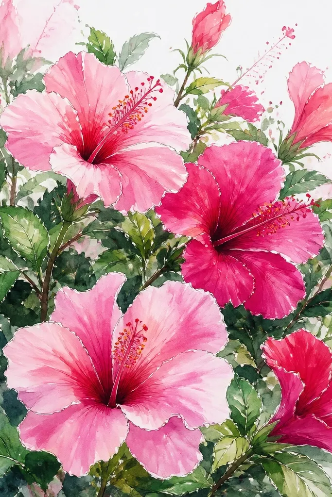 Loose watercolor blooms with hibiscus petals in pink and hot magenta, plus splatter-like accents around a dense bush. Leaves are painted in layered greens with some watery edges. The stamens are inked in fine lines, and a few buds are left lighter and more washed out.