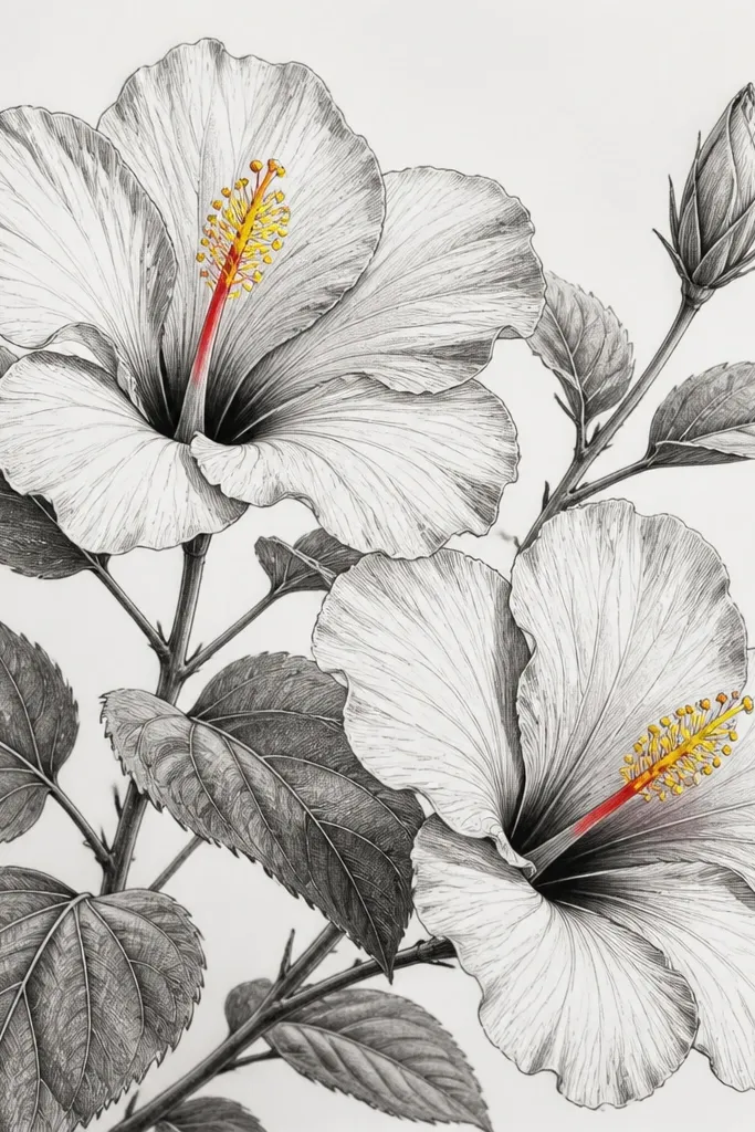 A mostly black-and-gray ink drawing of hibiscus leaves and flowers. Petals are outlined and lightly shaded with hatching. Only the hibiscus centers have a small burst of color: yellow stamens with a red inner line, while petals stay near-black and gray.