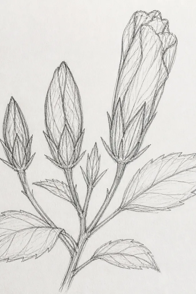 A row-like botanical layout where hibiscus buds and small half-open flowers line up along the bottom and middle of the page. Leaves are drawn as separate shapes with visible veins. One large bloom sits slightly off-center, with others smaller and angled upward.