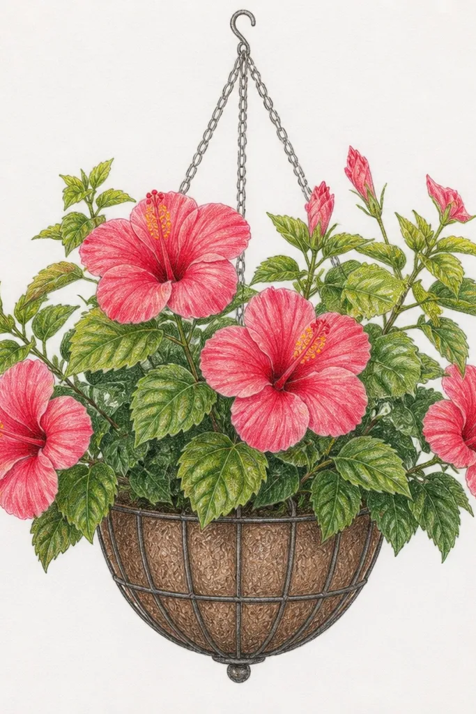 A hibiscus bush spilling out of a hanging planter shape. The planter rim is sketched in gray, and leaves cascade downward. Several hibiscus blooms cluster near the top of the spill, with some petals partially hidden by hanging leaves.