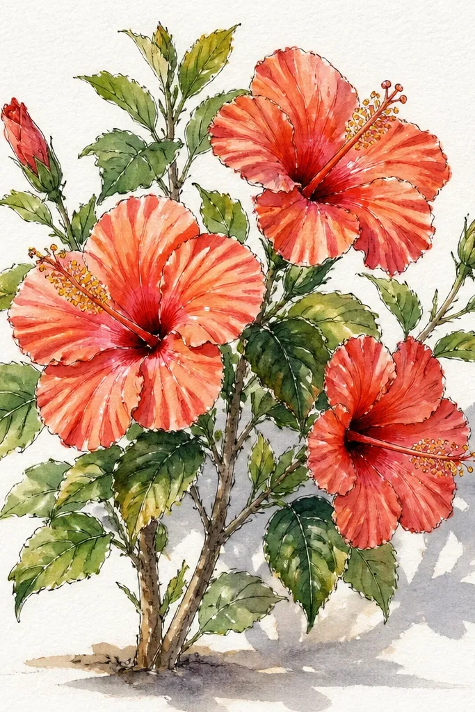 A light, airy hibiscus bush where petals are pale pink with warm highlights and leaves have soft gray-green shadows. The background is a light wash, and the hibiscus centers are yellow with faint orange specks.