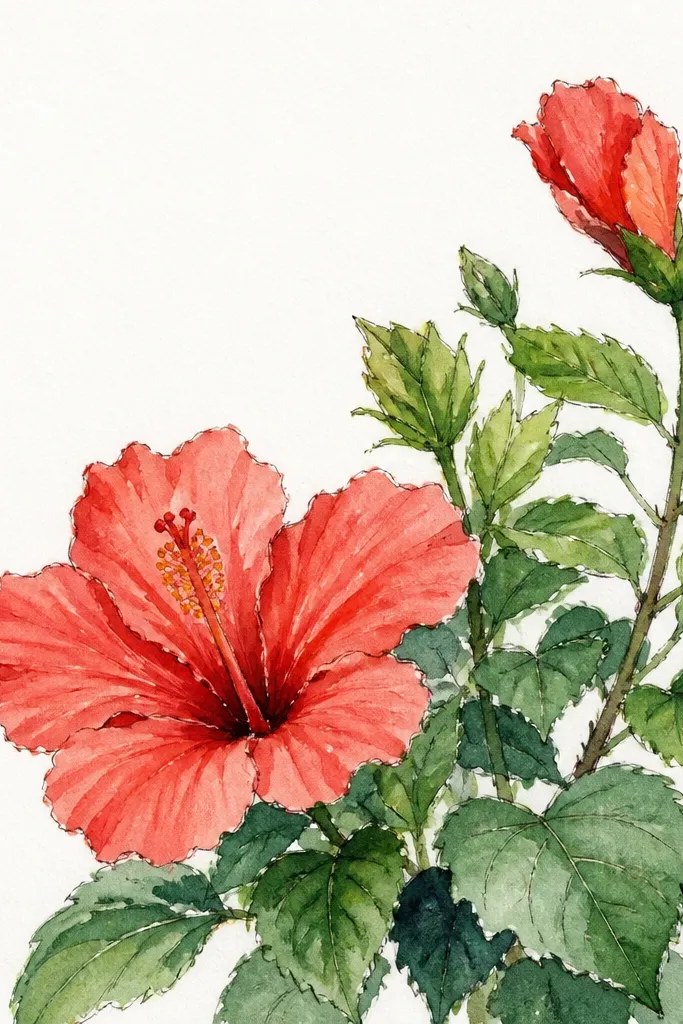 A corner layout where the hibiscus bush grows from the bottom-left corner and spills into the page. One large bloom is cut off slightly by the page edge, with leaves filling the top and right margins. The background stays mostly blank.