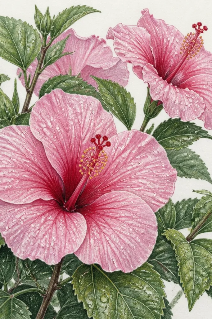 A hibiscus bush drawing where small raindrops dot the petals and leaves. The droplets are white gel pen highlights with faint gray shadows under them. Petals are pink with magenta bases, and leaf veins are visible under the rain effect.