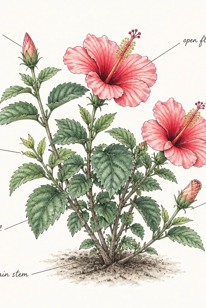 A hibiscus bush with small handwritten labels pointing to specific leaves and buds. Each label is in a neat cursive or print style near the margins. The bush is drawn in ink with light color, and label lines connect to the plant parts.