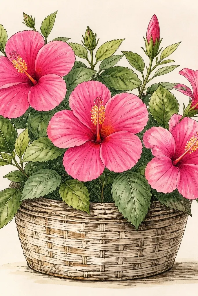 A hibiscus bush drawn over a simple woven basket pattern. The basket is sketched with curved lines and crosshatching that suggest wicker. Hibiscus petals are bright pink with yellow centers, and leaves overlap the basket texture.