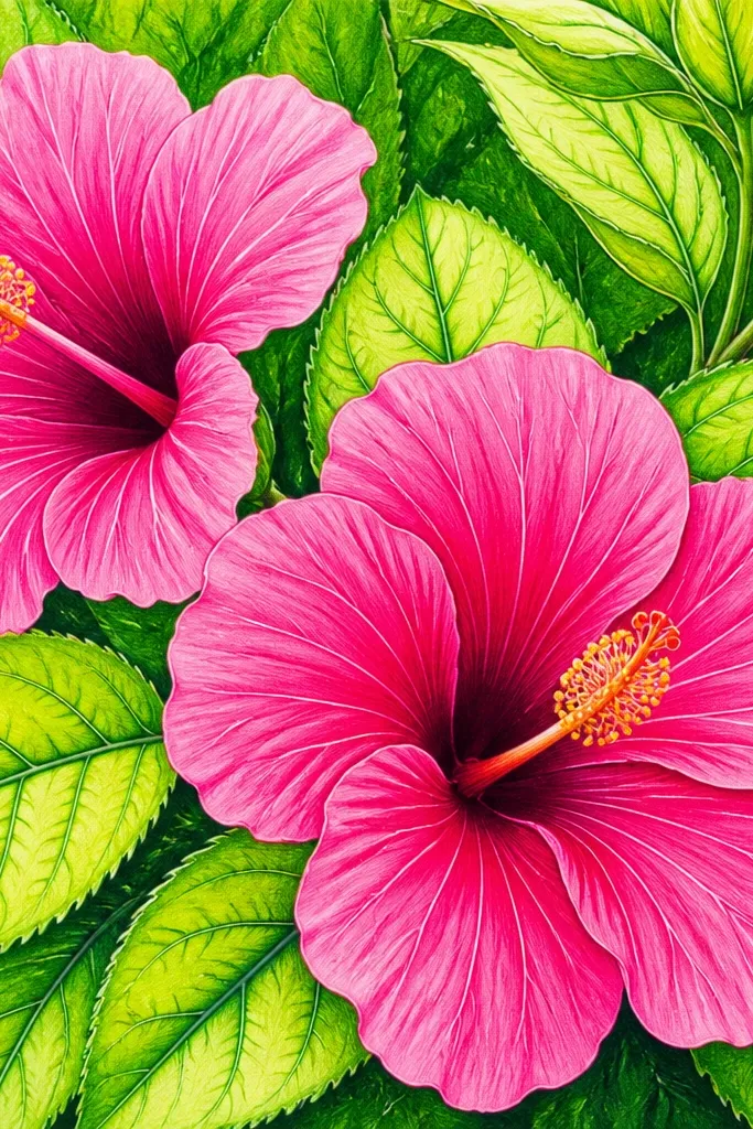 A high-contrast drawing where bright lime-green leaves surround deep pink hibiscus petals. Some leaves are outlined in darker green, and the petals have magenta bases. The centers are yellow with small orange dots.