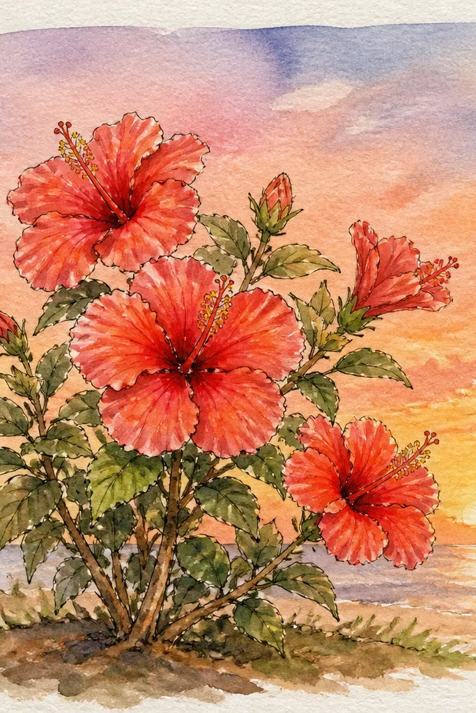 A sunset background in soft watercolor gradients behind a hibiscus bush. The sky goes from light peach near the horizon to pale lavender higher up. The hibiscus bush is silhouetted with leaves and bright pink flowers in front.