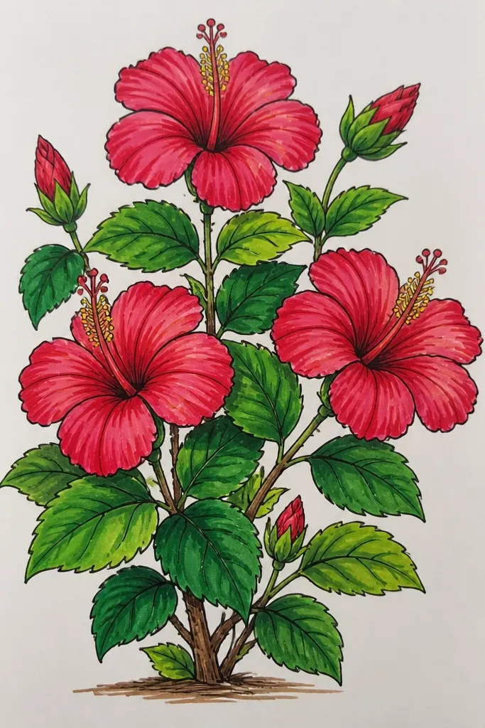 A drawing where the background looks like patterned fabric with small repeating dots and stripes. A hibiscus bush sits on top, with leaves overlapping the pattern. Petals are pink with darker magenta shading and bright yellow centers.