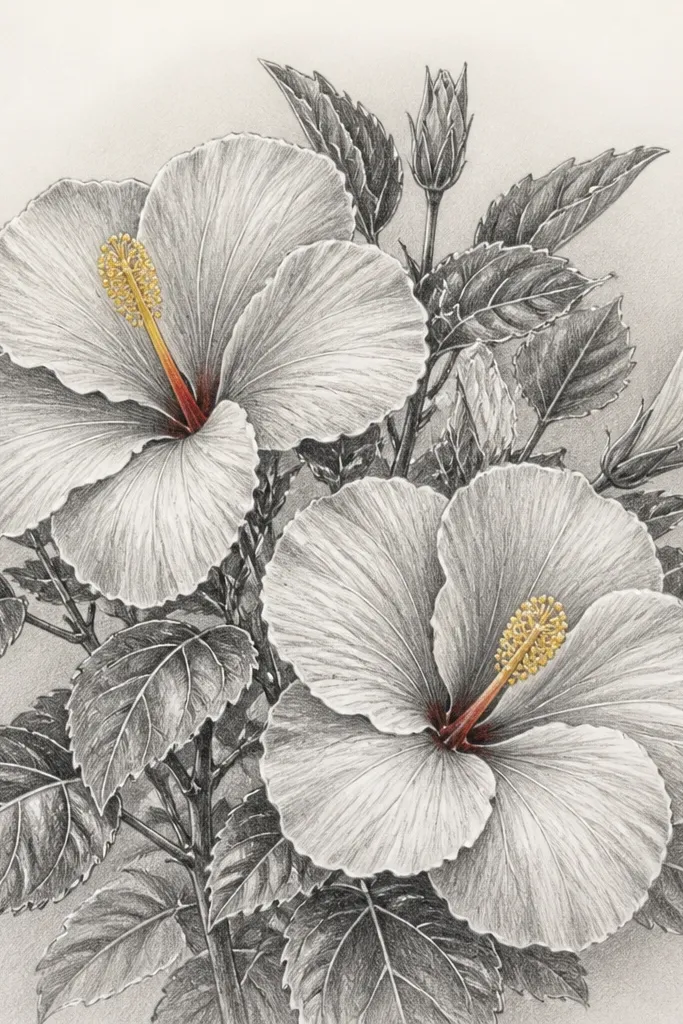 A pencil-drawn hibiscus bush with soft graphite shading on petals and leaves. White highlights are added with a white gel pen on petal edges and leaf veins. The hibiscus centers are lightly colored yellow with a red inner line.