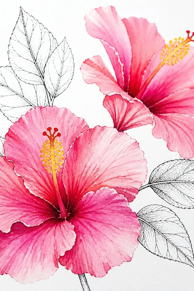 Watercolor hibiscus petals in pink and magenta with yellow centers, while leaves are drawn in crisp ink only with visible veins. The background is mostly white paper.
