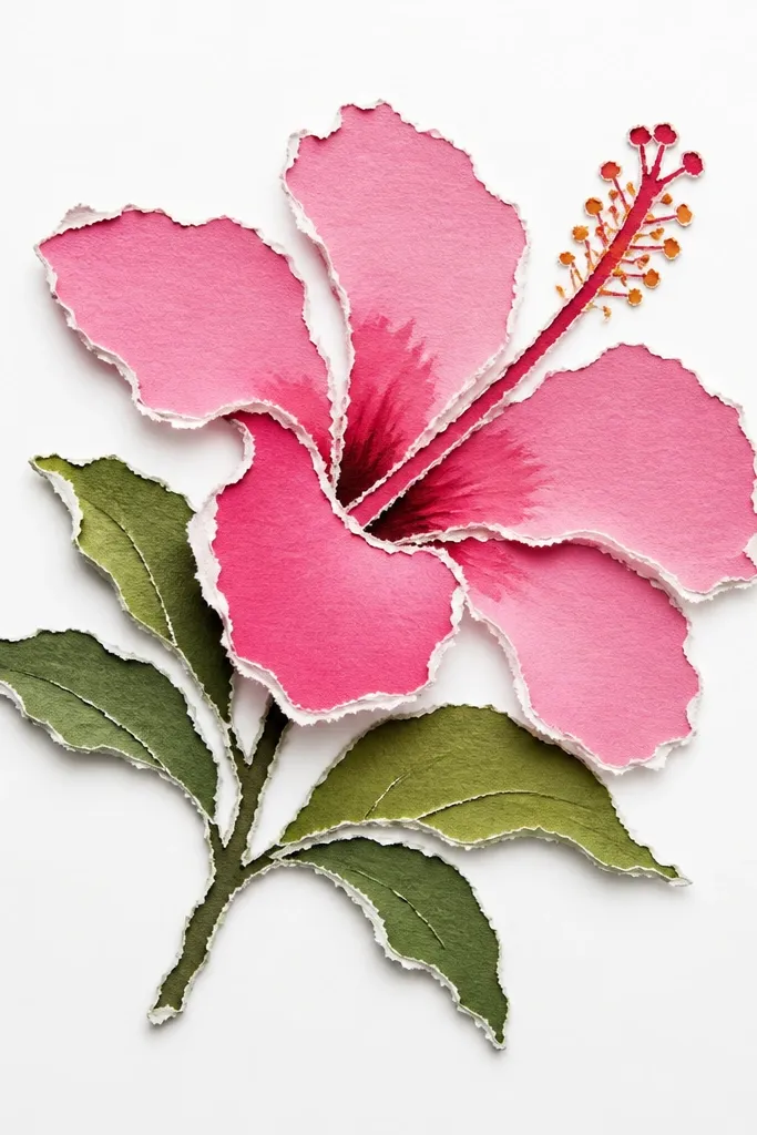 A drawing where the hibiscus silhouette looks like it has torn paper edges. The leaves and petals have irregular outlines, and the inside is colored with pink and green. The background is plain white, making the torn-edge effect stand out.