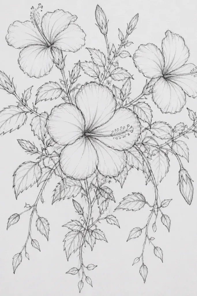 A hibiscus bush with thin vine lines trailing downward. Several small buds hang from the vines, while larger hibiscus blooms sit higher. Leaves overlap the vines, and the vines have small offshoot curls.