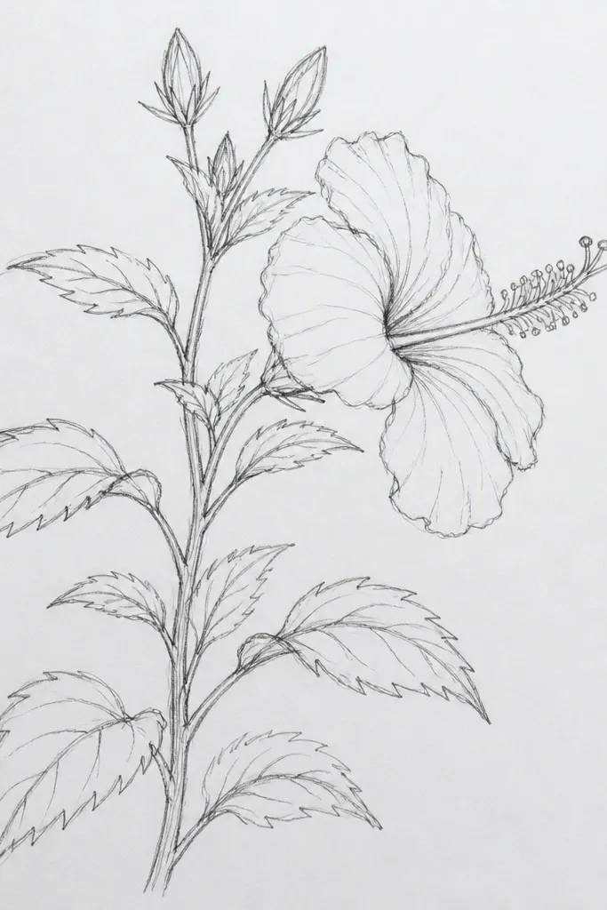 A side-view composition where the hibiscus bush looks like it's turned slightly to the left. Petals show more side angles, and leaves stack in layers like a profile. Only two blooms are fully front-facing; others are turned.