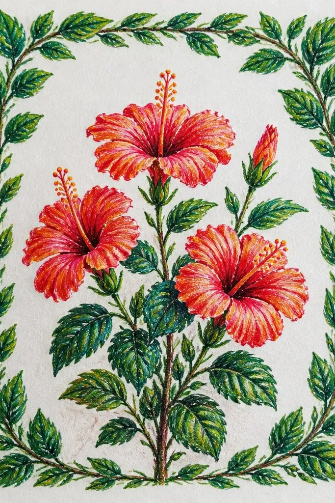 A drawing where the outer border is made entirely of leaf clusters forming a wreath-like frame. Inside the frame, only a few hibiscus flowers appear, including one large bloom near the center and smaller buds at the corners.