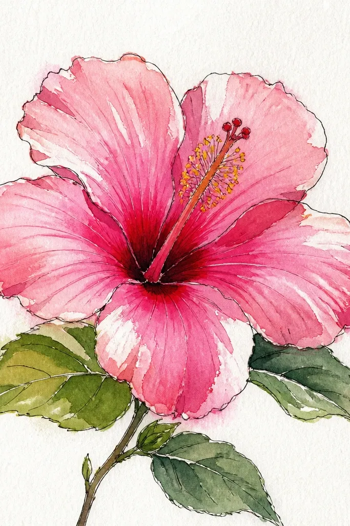 A single hibiscus bloom centered on white cold-press paper. Petals are soft pink with darker magenta pooling near the base, and the overlap areas fade outward. The stamen is a pale yellow with tiny red-brown dots at the tip.