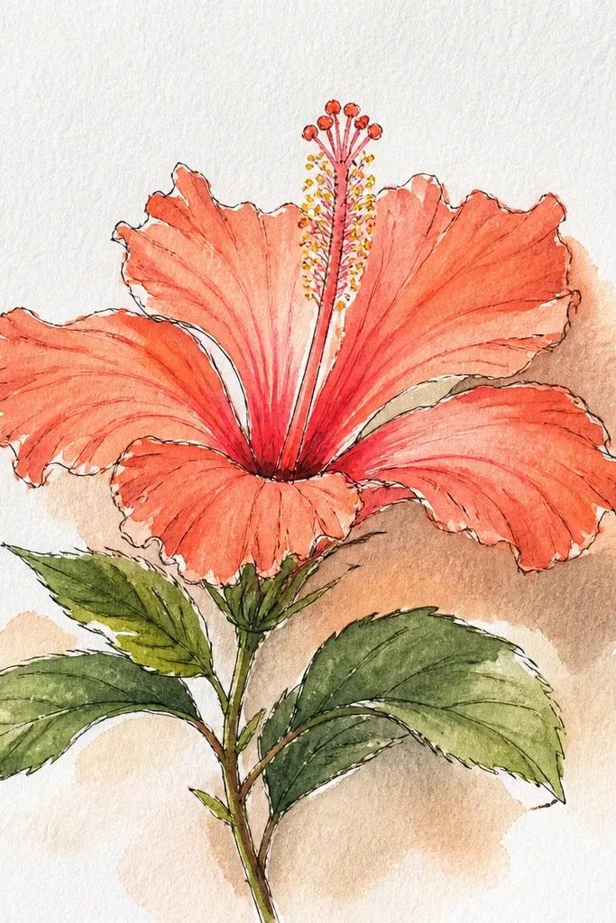 A hibiscus facing slightly to the left. Petals are coral-orange with darker warm wedges where petals overlap. The center is creamy yellow, and the underside of petals looks softly shaded, not muddy.