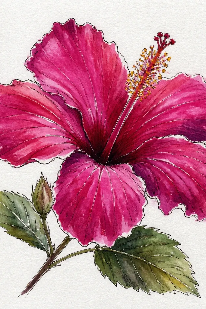 A bold hibiscus on off-white paper. Petals are deep magenta with clean, slightly darker borders. The stamen is bright yellow with a darker red-brown anther, and the center has a sharp contrast between dark and light.