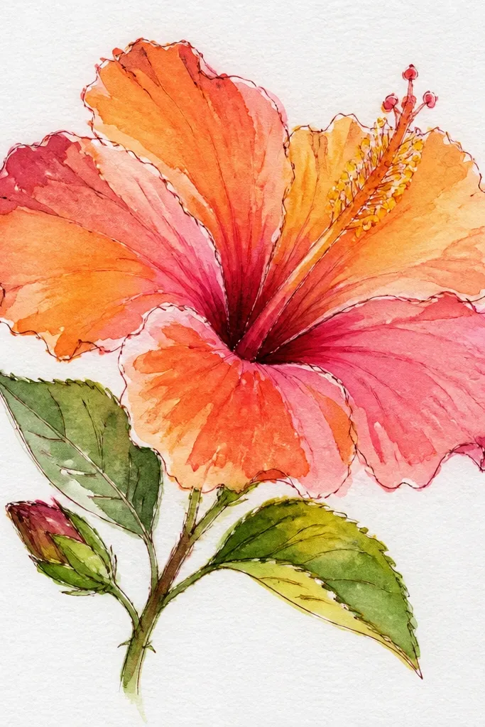 A hibiscus where each petal shifts from orange at the base to pink at the outer edge. The center glows yellow-orange. Shadows are subtle and the petals show a smooth gradient with soft transitions.