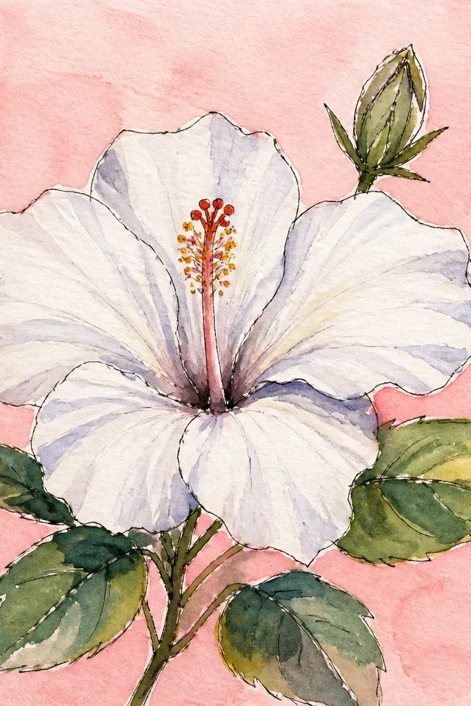 A hibiscus drawn in almost-white petals. Shadows are pale gray-lavender at overlaps, and the stamen looks muted yellow with faint brown at the tip. The overall flower feels airy against the paper.