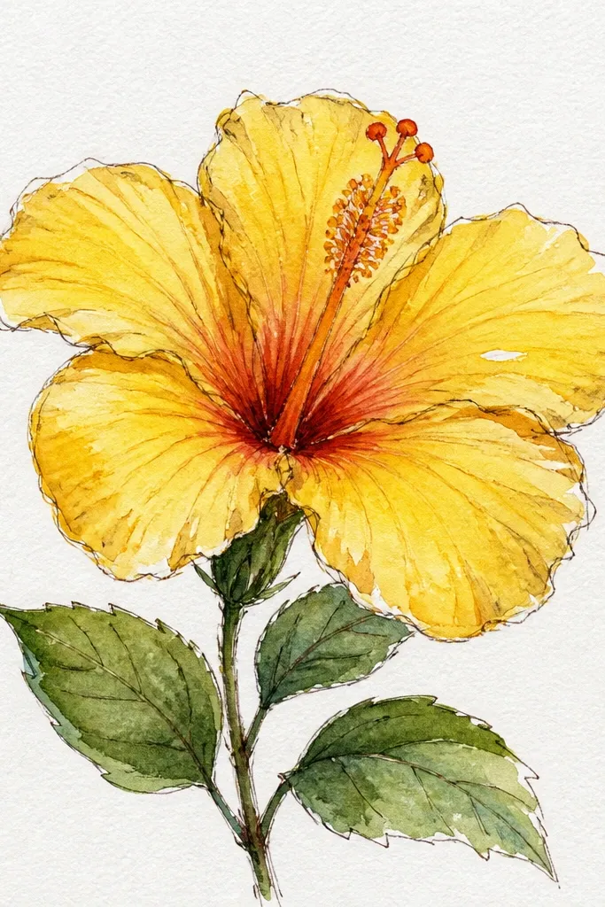 A hibiscus with bright yellow petals and slightly darker yellow-orange edges. The overlap areas show warm darker patches. The center is deeper orange around the stamen base.