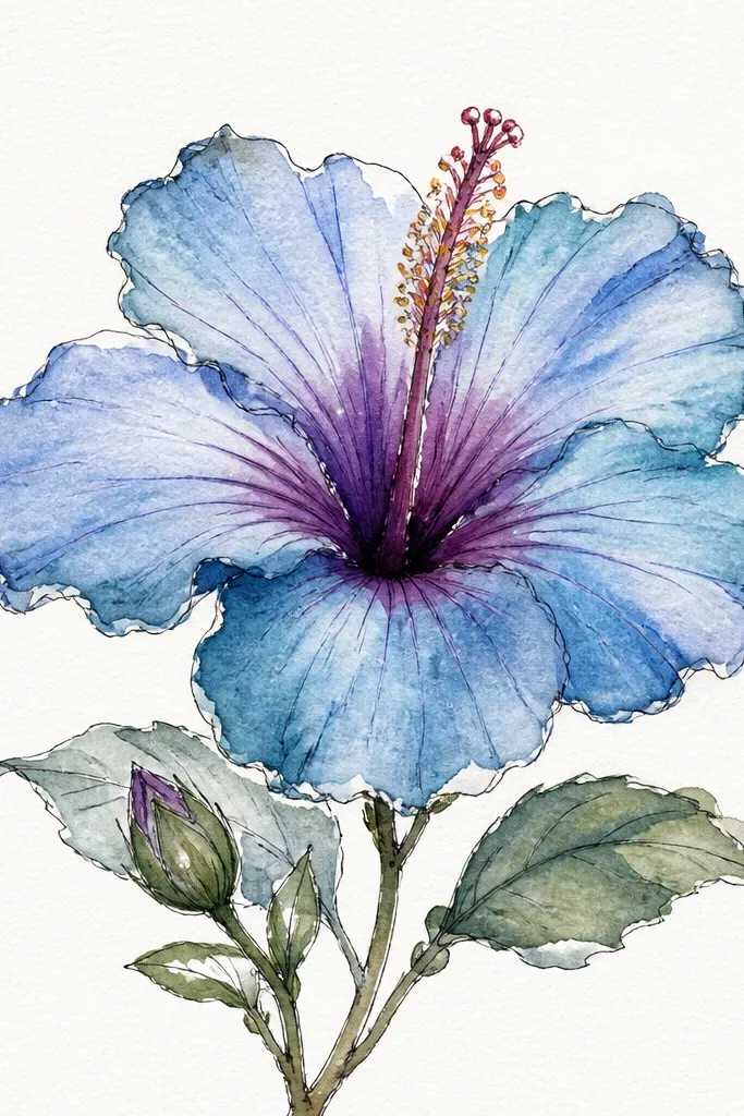 A cool-toned hibiscus with blue petals. Teal appears in the inner overlap areas, and the center has violet and deep blue around the stamen. The stamen is pale yellow, giving a warm contrast.