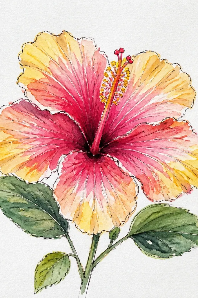 A hibiscus with pink petals and slightly darker pink shadows. Thin greenish lines appear like veins running from the base toward the tips. The stamen is yellow with small red-brown marks.