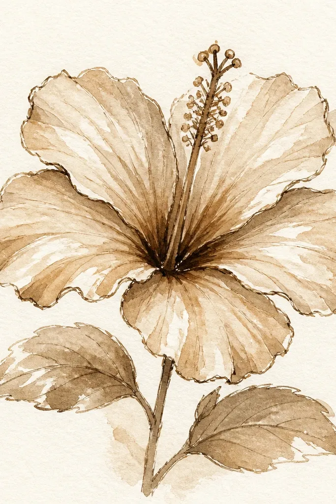 A hibiscus painted entirely in warm sepia tones. Petals are light tan at the edges and darker brown at overlaps. The stamen is a lighter cream-yellow with brown around the center.