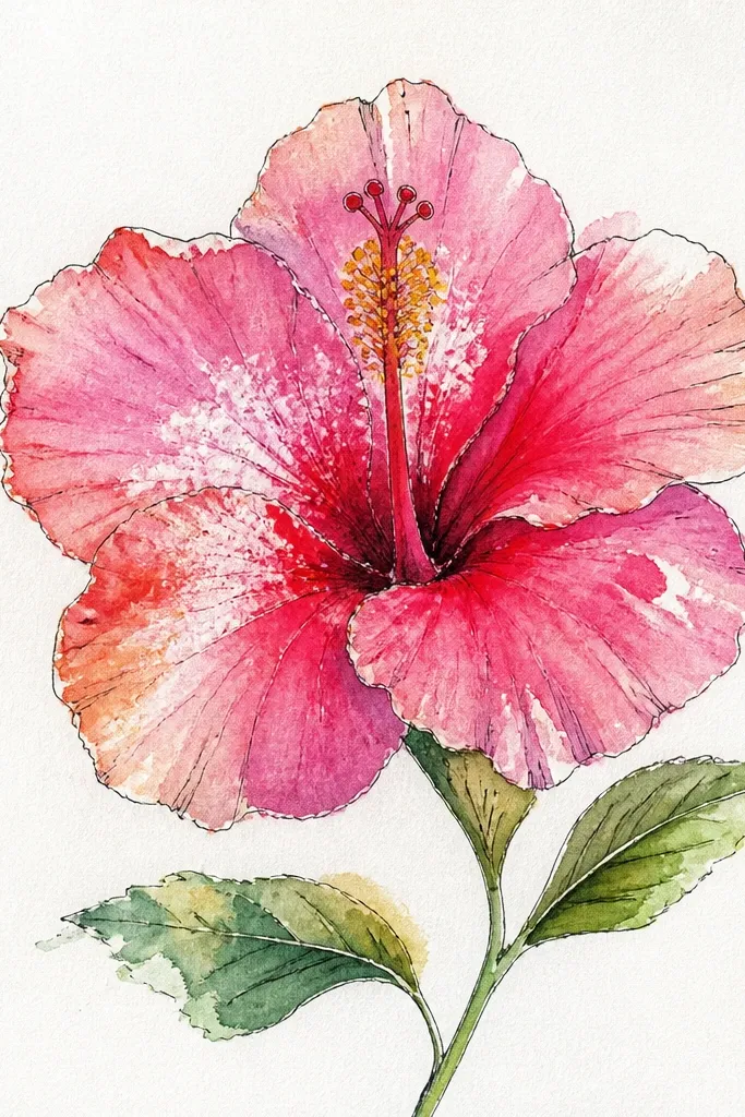 A hibiscus with pink petals and a glowing center. There are small star-like salt textures in the inner petal base and around the stamen area. The stamen is bright yellow with fine detail lines.