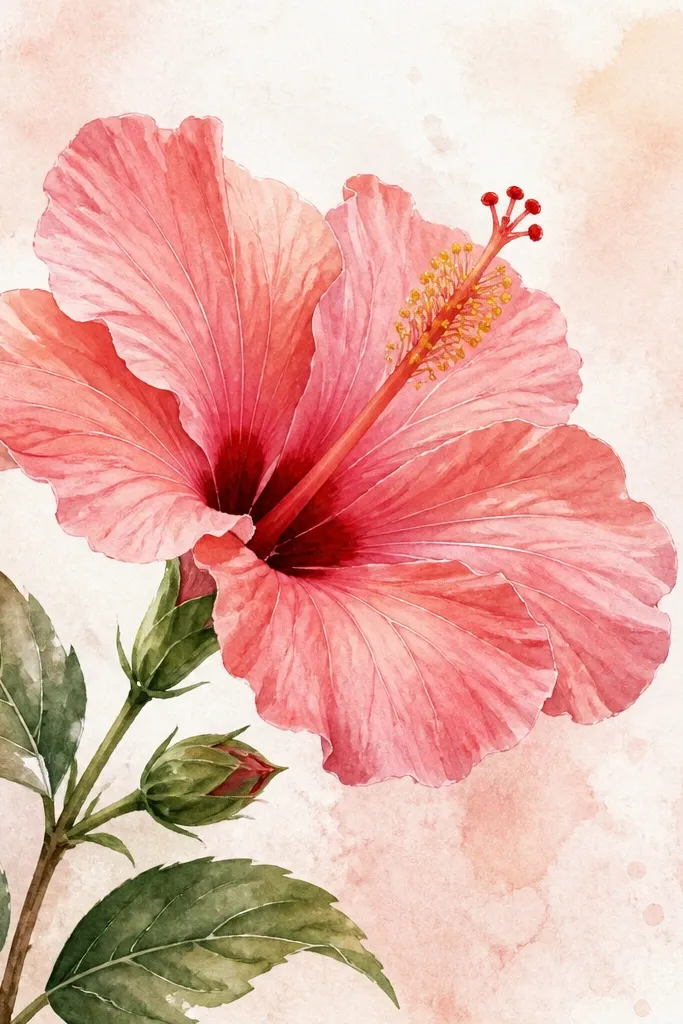 A hibiscus drawn in crisp watercolor on a light wash background with faint speckling. The petals are pink and coral tones, and the background looks like paper grain turned into a soft haze.