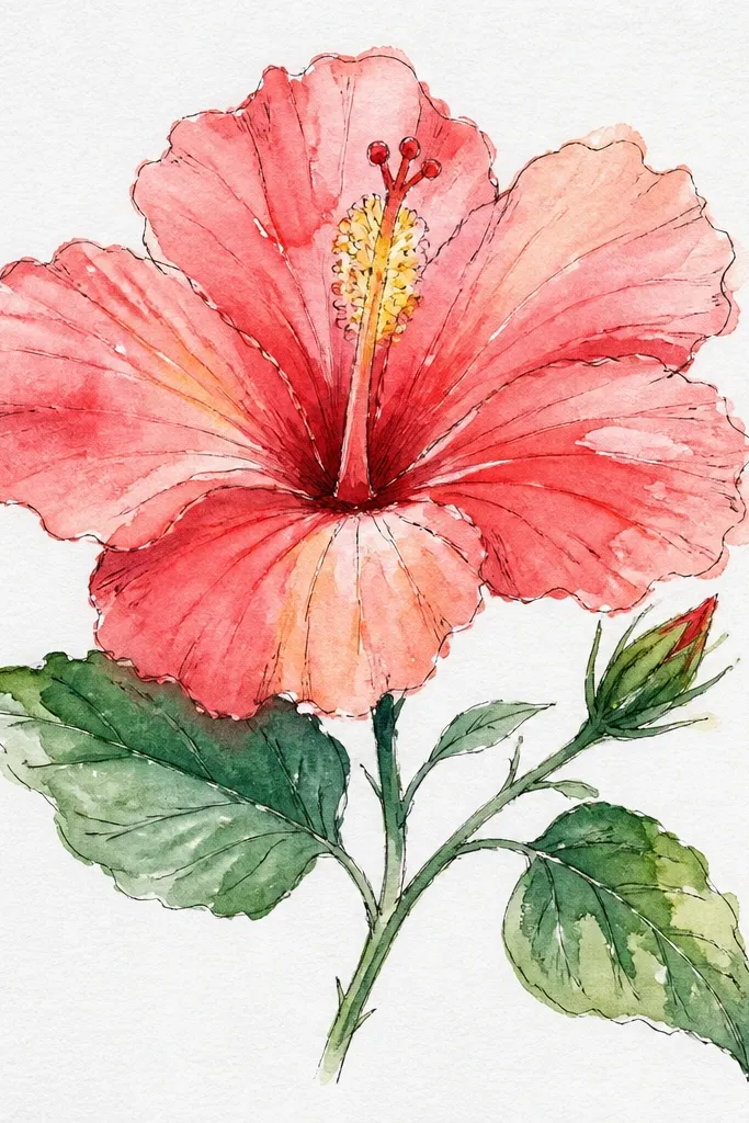 A hibiscus with visible watercolor-pencil linework on the petals and veins. The wash is light and transparent, and the outlines look soft rather than harsh ink.