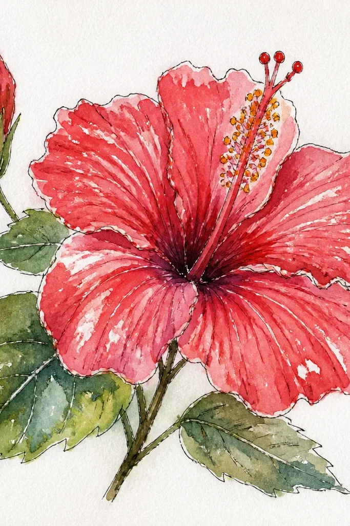 A hibiscus with bright white highlight streaks on each petal. Petals are pink and magenta with crisp light shapes preserved by masking fluid. The center is darker pink, and the stamen is bright yellow.