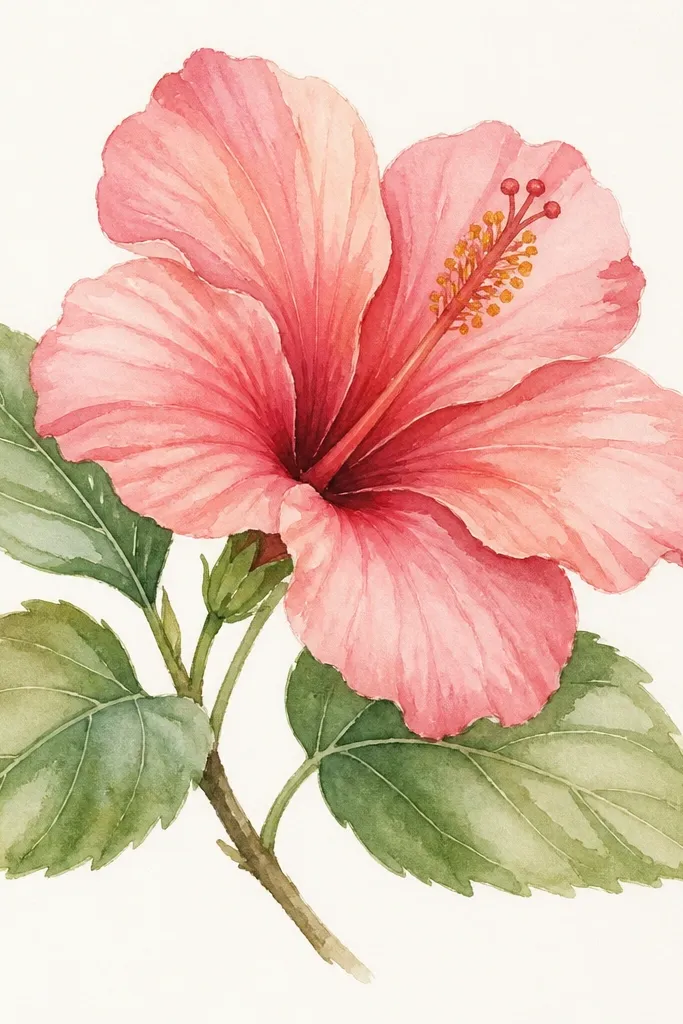 A hibiscus drawing with a few leaves and a short stem. The petals are pink with warm shadows, and the leaves are a soft green wash with darker veins. The whole plant composition looks cohesive and slightly loose.