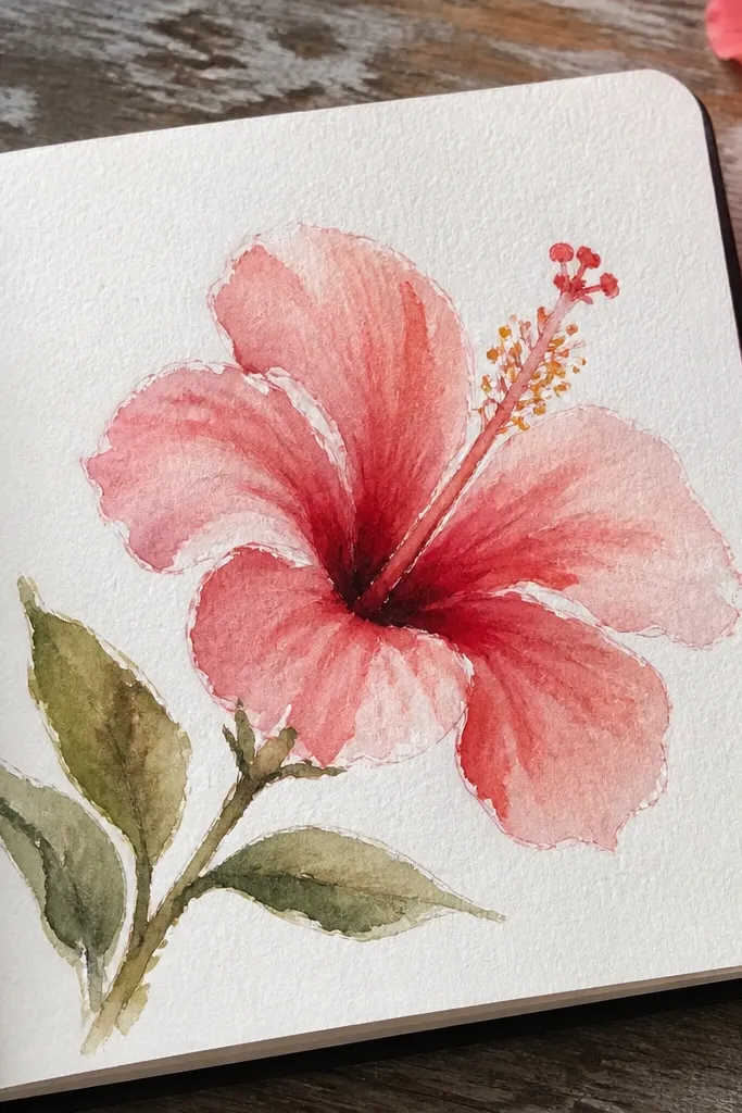 A hibiscus painted quickly in a small sketchbook page. Petals have looser washes, some edges are slightly uneven, and the stamen is defined with a few careful lines. The page has visible paper texture.