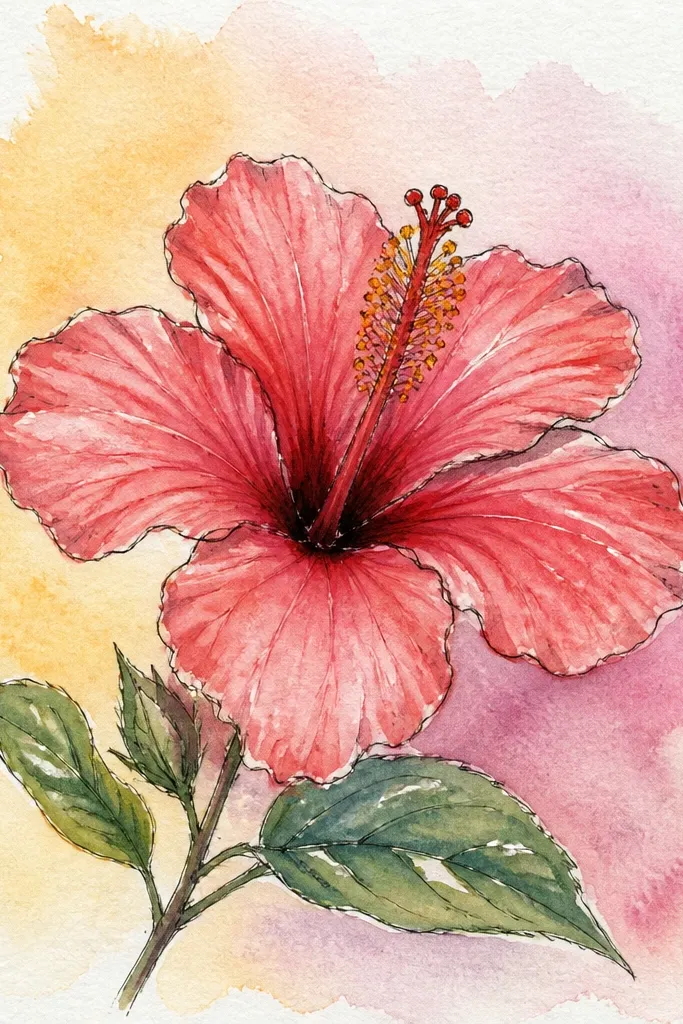A hibiscus centered on paper with an ombre background that fades from a deeper color at the top to lighter at the bottom. The petals are pink and coral with soft shadows. The stamen is bright yellow, and the flower edges look crisp against the gradient.