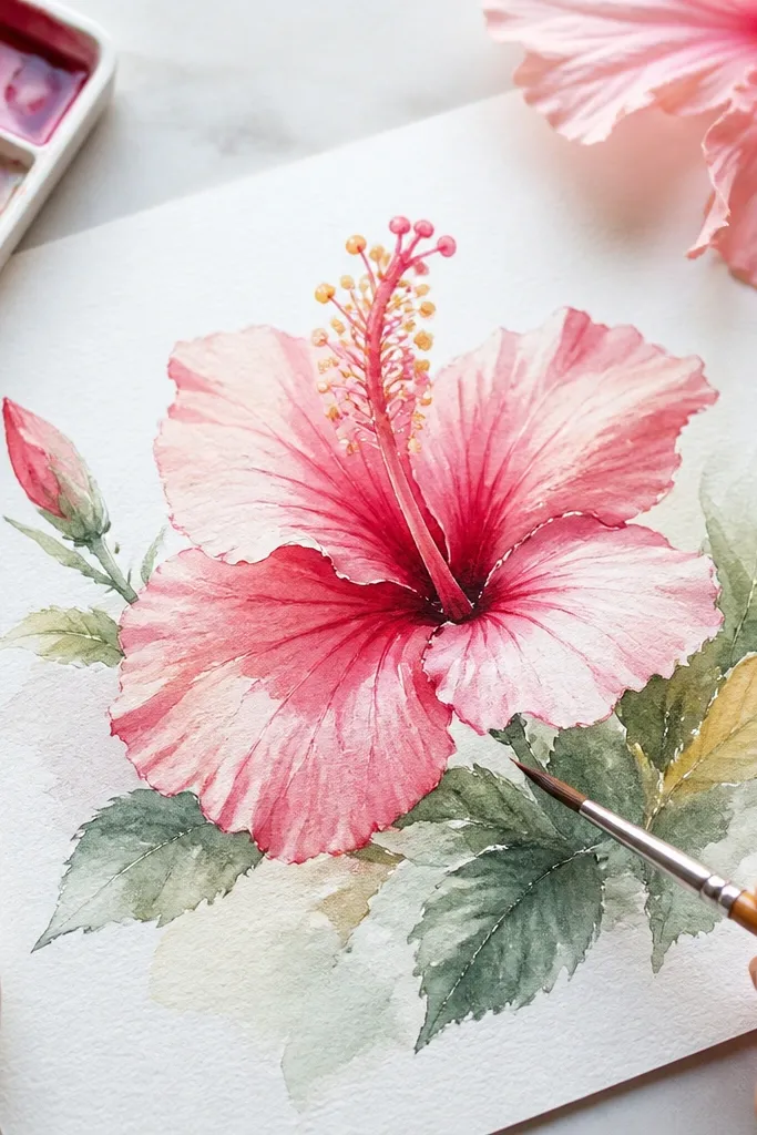 Watercolor hibiscus flower drawing how to paint