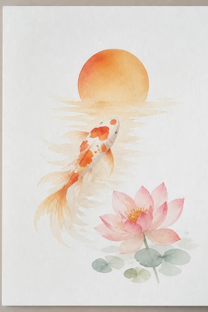 A small koi fish pair swim diagonally from lower left to upper right. In the top right corner sits a lotus with exactly five large petals, each petal outlined in dark ink. The background has a soft orange-pink sunrise gradient with light water dots.