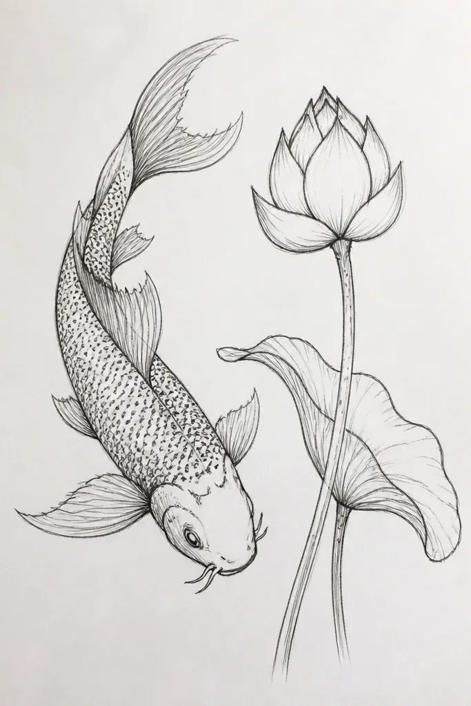 Two koi face each other in the middle of the page. Their bodies are filled with tiny dot scales in neat rows. Between them sits a lotus bud drawn as a tight spiral cup, with three partially open petals above it.