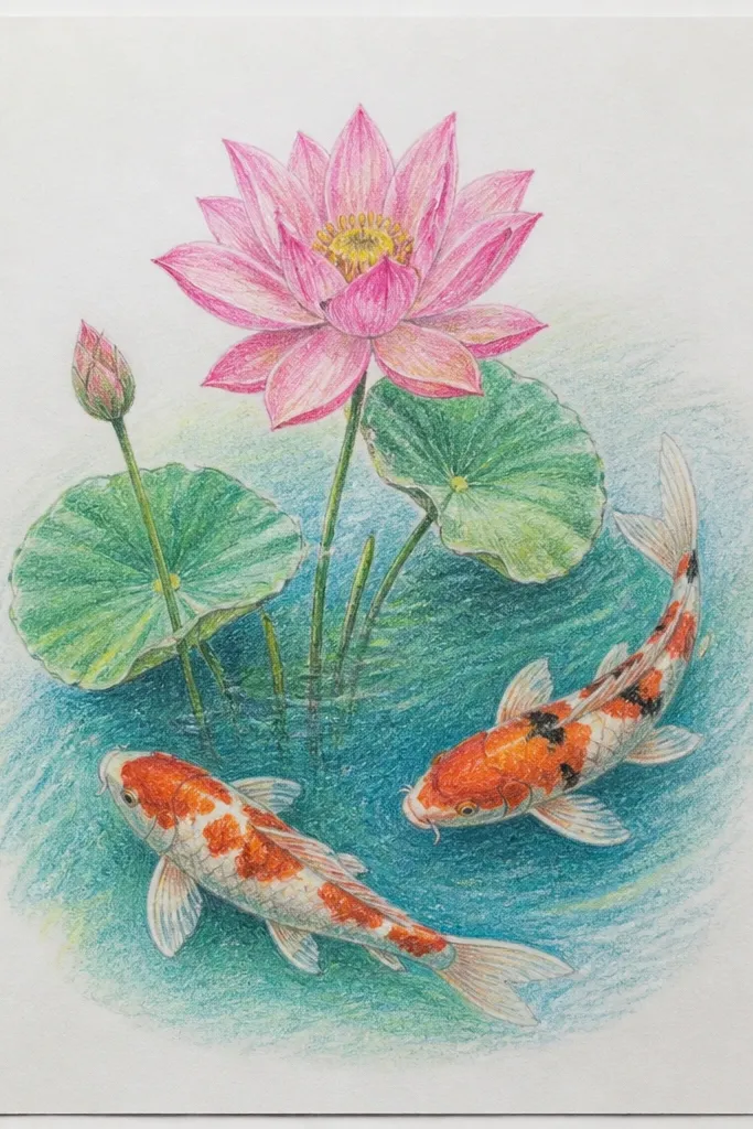 A single koi swims in front of a lotus with layered petals. The water is shaded in teal and mint, with a hazy look behind the fish. The lotus petals fade from pale pink to deeper rose at the base.