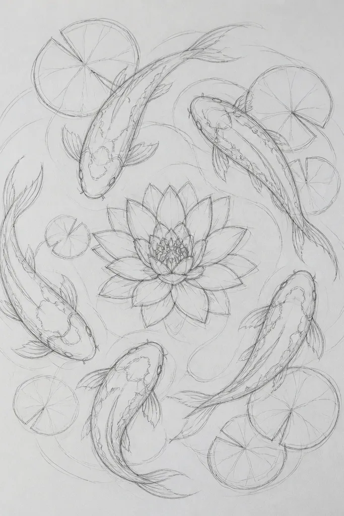 A centered lotus sits at the middle of the page. Around it, four koi swim in a loose ring, their bodies forming a circle. The water surface is drawn with concentric oval ripples.