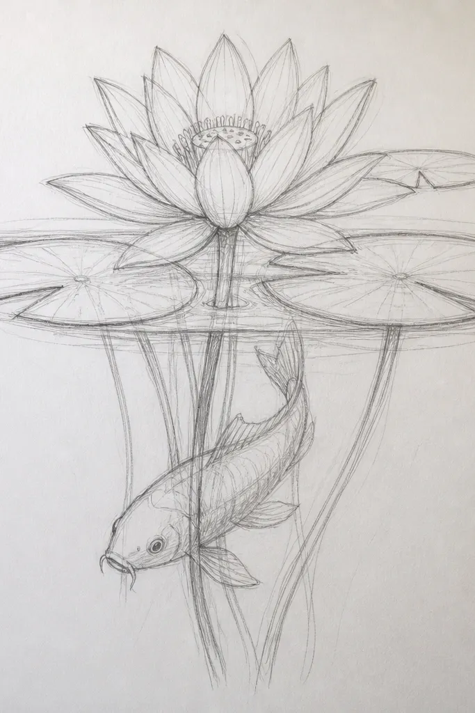 A lotus sits on a lily pad near the bottom edge. One koi emerges from darker water on the left, its body brightening as it reaches the lighter water on the right. The waterline is drawn as a thin, wavy band.