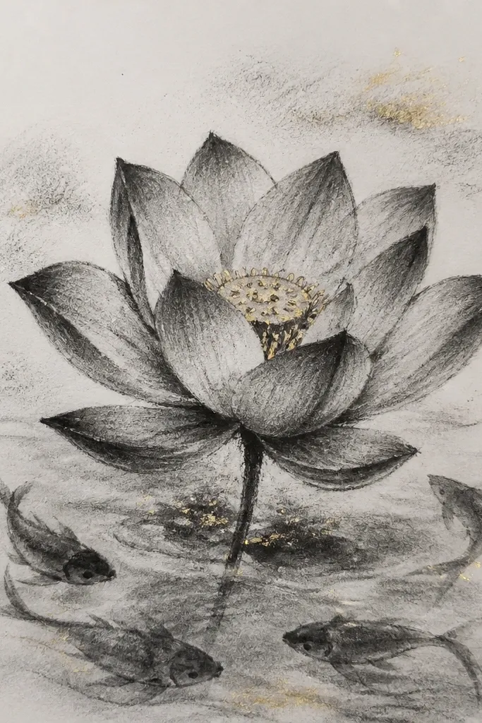 A large lotus bloom fills the center. Two koi are drawn as darker silhouettes behind it, with their outlines implied. Small gold gel pen accents appear on the lotus center and on two koi highlights.