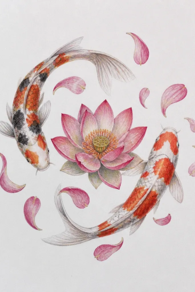 Two koi swim side-by-side, their bodies forming gentle S-curves. The lotus petals look like curved comma shapes stacked in rings. The background has light gray ripples and a pale green wash.