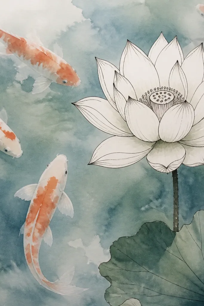 Loose watercolor koi swim through a soft blue-green wash. The lotus is drawn with crisp ink linework and minimal color fill, with darker shading at the base of each petal.