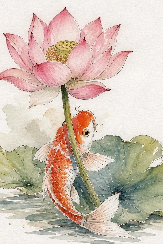 A tall lotus stem runs upward, and a koi wraps along it like it's swimming through the plant. The koi has tiny scale highlights drawn with white pen. The lotus petals are open above, with vein lines drawn in pencil.